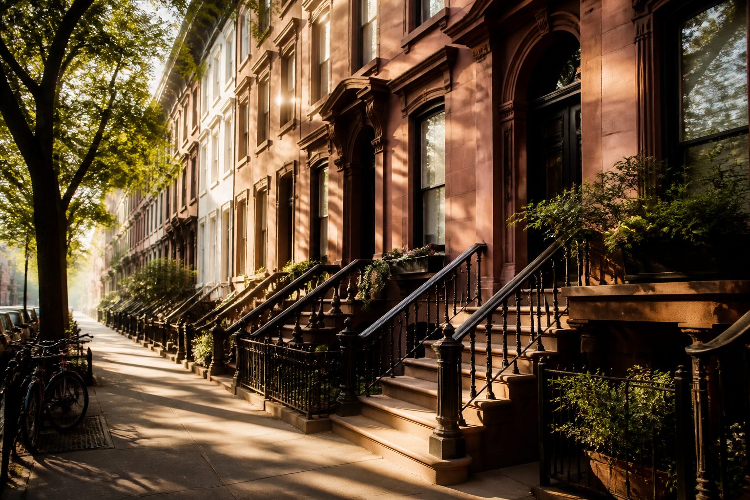 A brownstone-lined Brooklyn side street in the morning